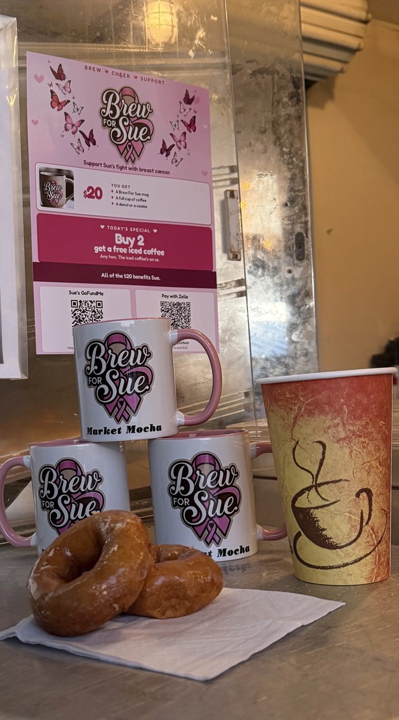 Brew for Sue mugs with cider donuts and coffee